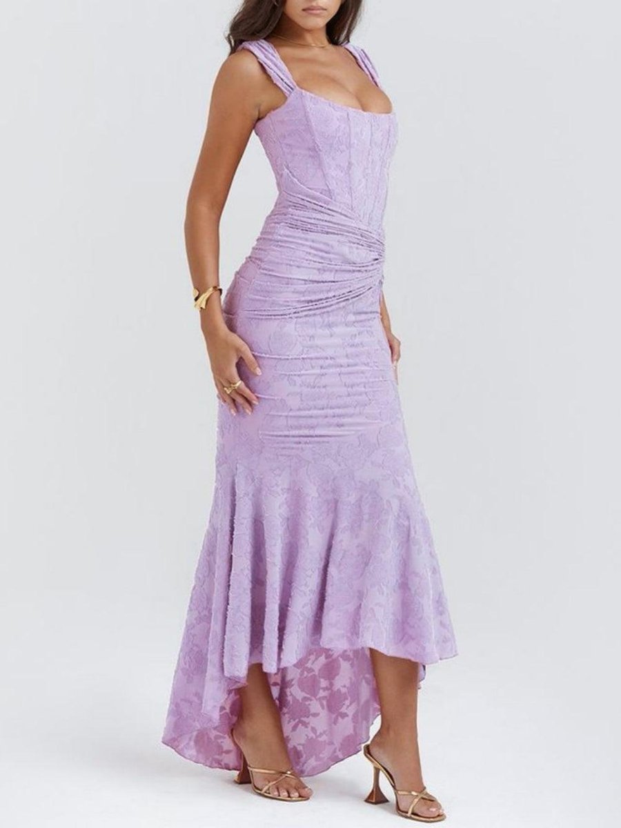 Mother of the Bride Dress Corset Ruched Mermaid Midi Gown - Purple-2
