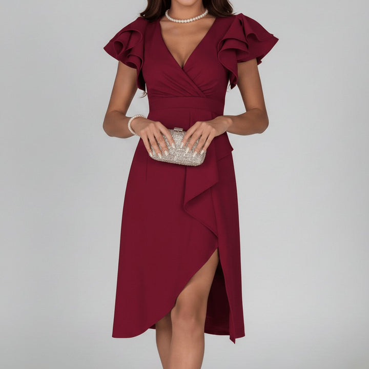 Mother of the Bride Dress Ruffle Sleeve V-Neck Wrap Midi - Deep Red