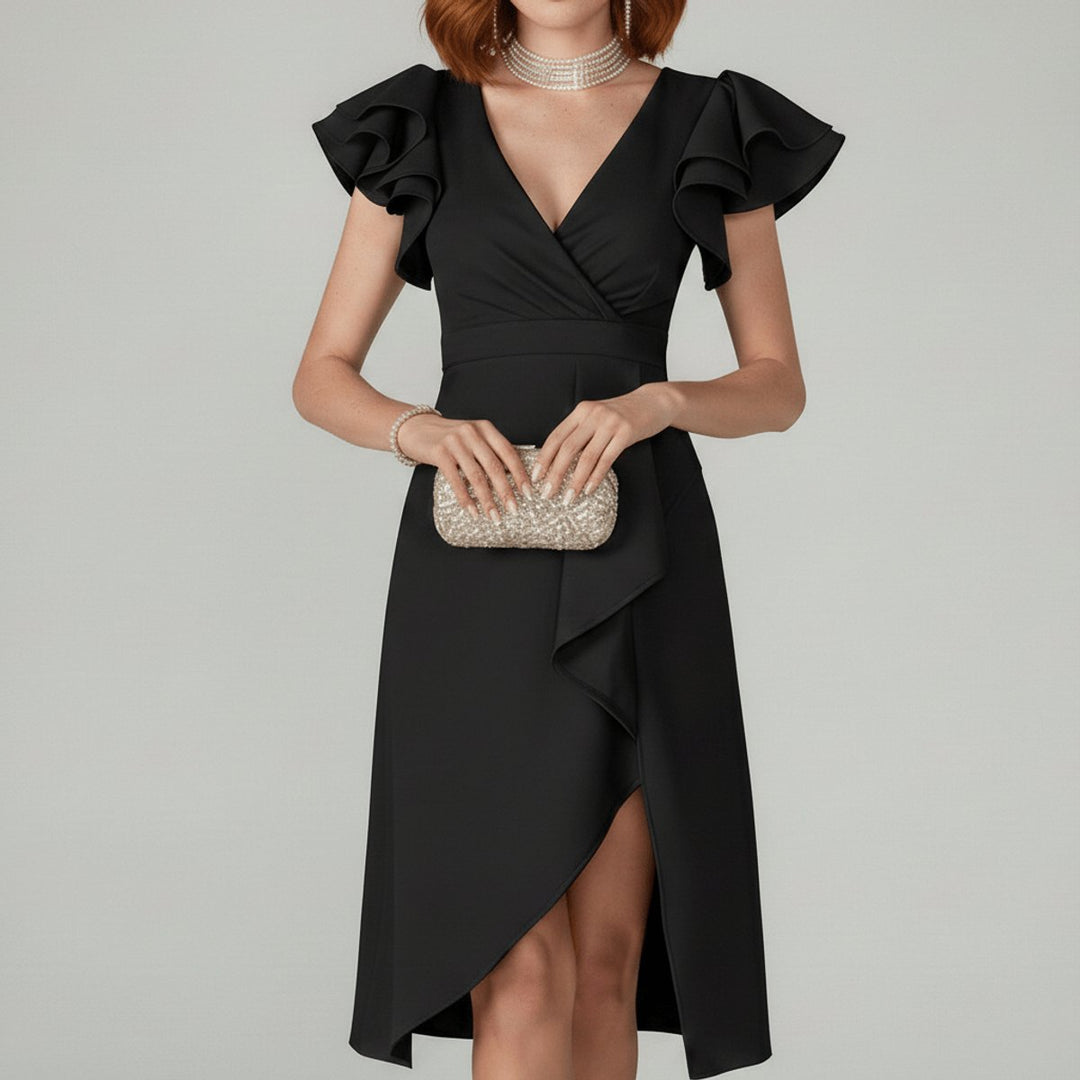 Mother of the Bride Dress Ruffle Sleeve V-Neck Wrap Midi - Classic Black