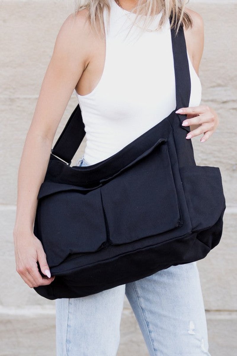 Oversized Black Canvas Tote Bag Messenger Shoulder Bag - Schwarz