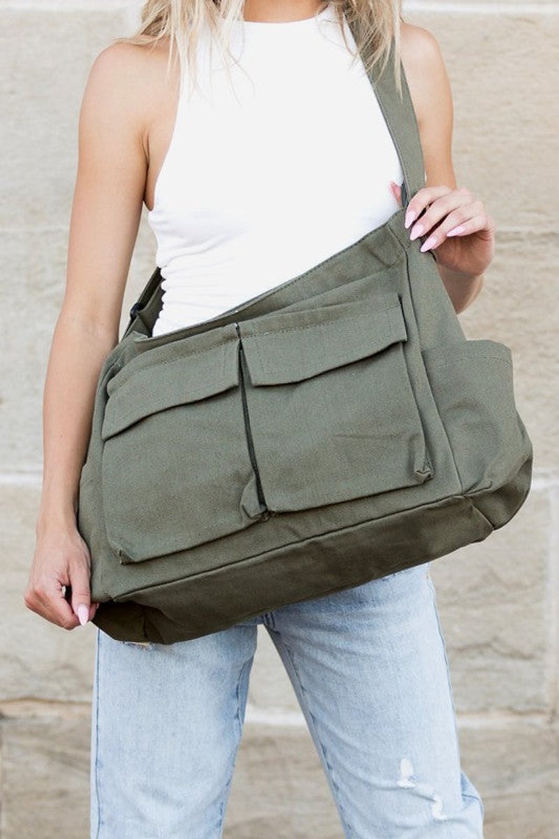 Oversized Black Canvas Tote Bag Messenger Shoulder Bag - Olive