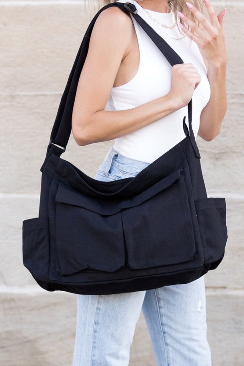 Oversized Black Canvas Tote Bag Messenger Shoulder Bag