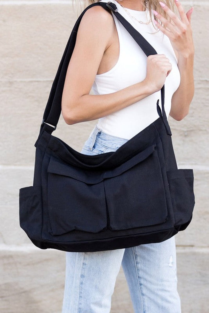 Oversized Black Canvas Tote Bag Messenger Shoulder Bag