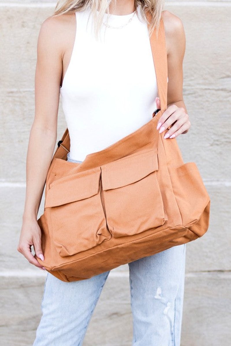 Oversized Black Canvas Tote Bag Messenger Shoulder Bag - Kamel