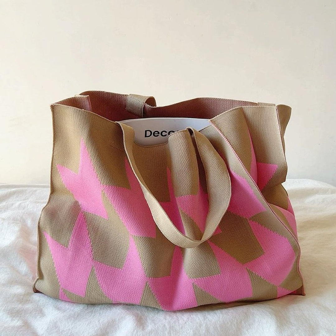 Oversized Graphic Knit Canvas Tote Bag Beige Pink - Rosa