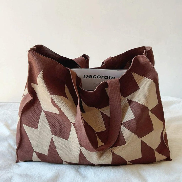 Oversized Graphic Knit Canvas Tote Bag Beige Pink - Braun