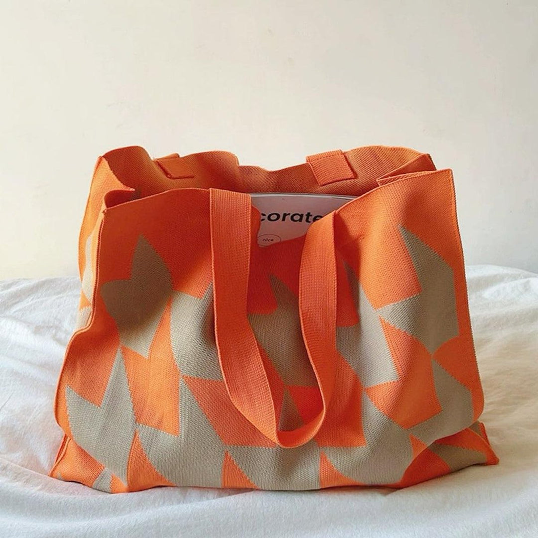 Oversized Graphic Knit Canvas Tote Bag Beige Pink - Orange