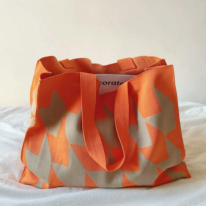 Oversized Graphic Knit Canvas Tote Bag Beige Pink - Orange