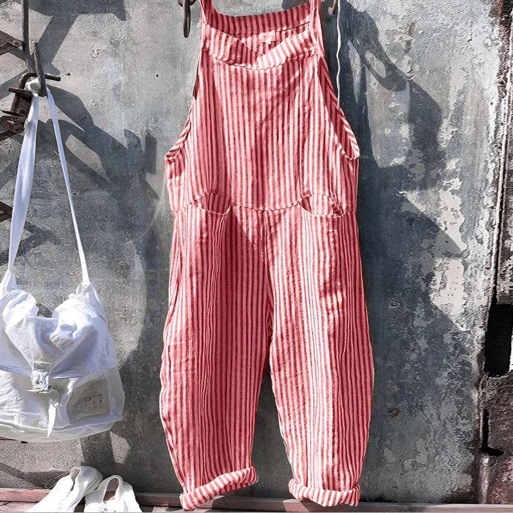 Unisex Vintage Striped Loose-Fit Adjustable Strap Overall - Red