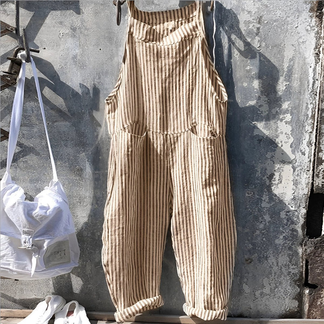 Unisex Vintage Striped Loose-Fit Adjustable Strap Overall - Light Brown