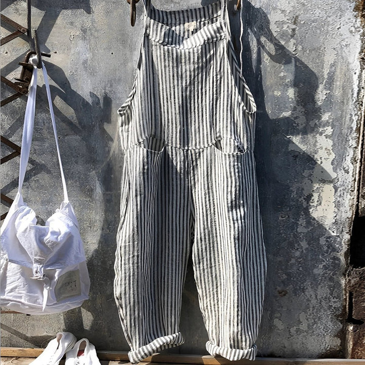 Unisex Vintage Striped Loose-Fit Adjustable Strap Overall - Gray