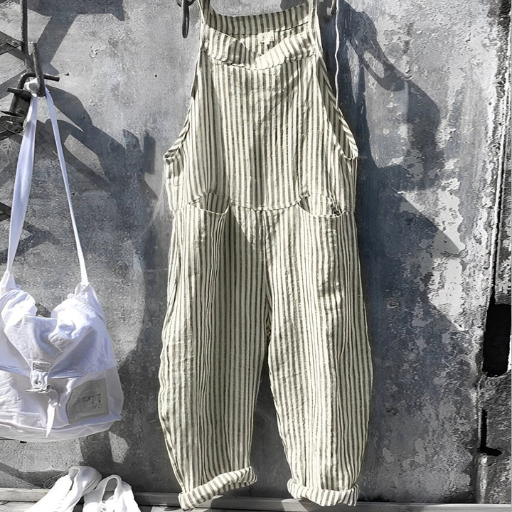 Unisex Vintage Striped Loose-Fit Adjustable Strap Overall - Green