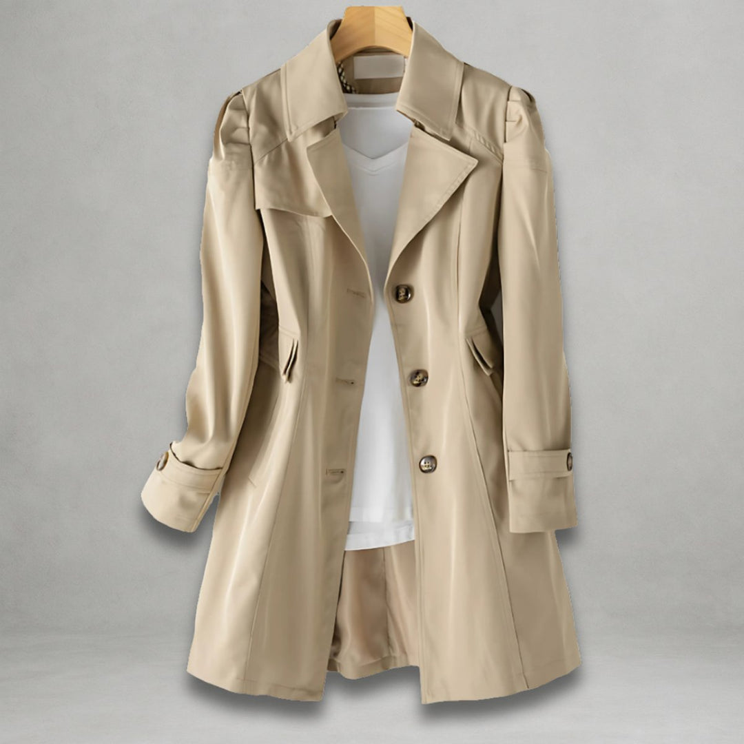 Women Coat Classic Belted Trench Single-Breasted Lapel Overcoat - Khaki