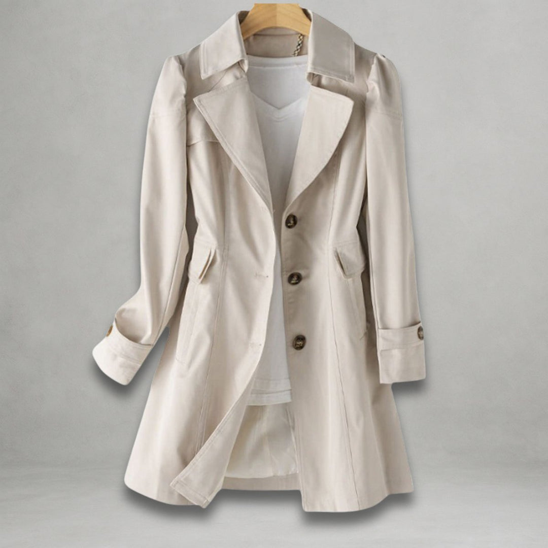 Women Coat Classic Belted Trench Single-Breasted Lapel Overcoat - Beige