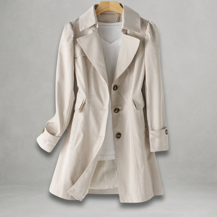 Women Coat Classic Belted Trench Single-Breasted Lapel Overcoat - Beige