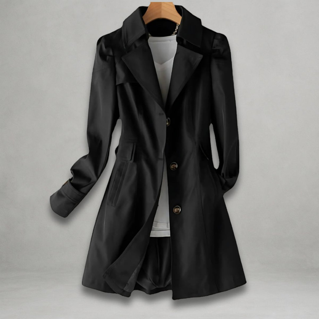 Women Coat Classic Belted Trench Single-Breasted Lapel Overcoat - Black