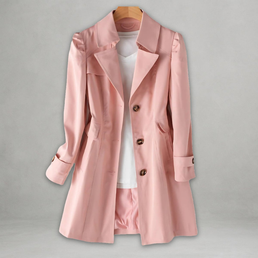 Women Coat Classic Belted Trench Single-Breasted Lapel Overcoat - Pink