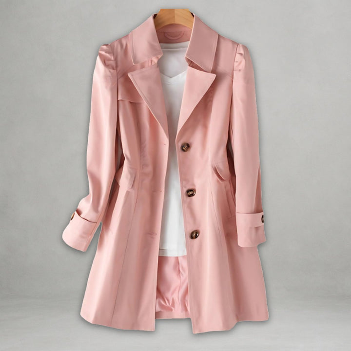 Women Coat Classic Belted Trench Single-Breasted Lapel Overcoat - Pink