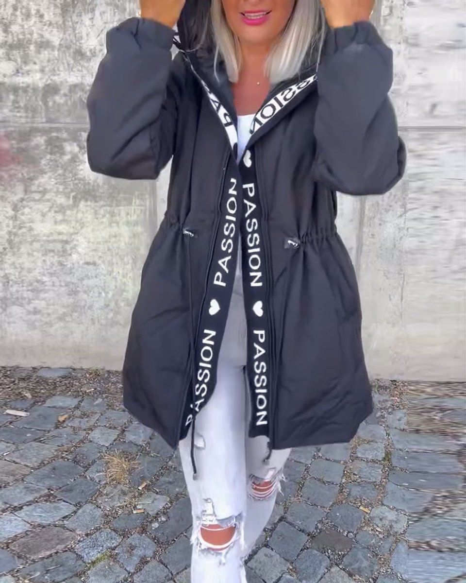 Women Coat Hooded Drawstring Relaxed-Fit Mid-Length Parka - Black