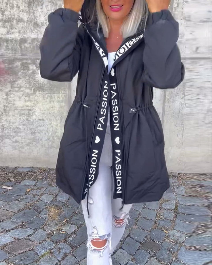 Women Coat Hooded Drawstring Relaxed-Fit Mid-Length Parka - Black
