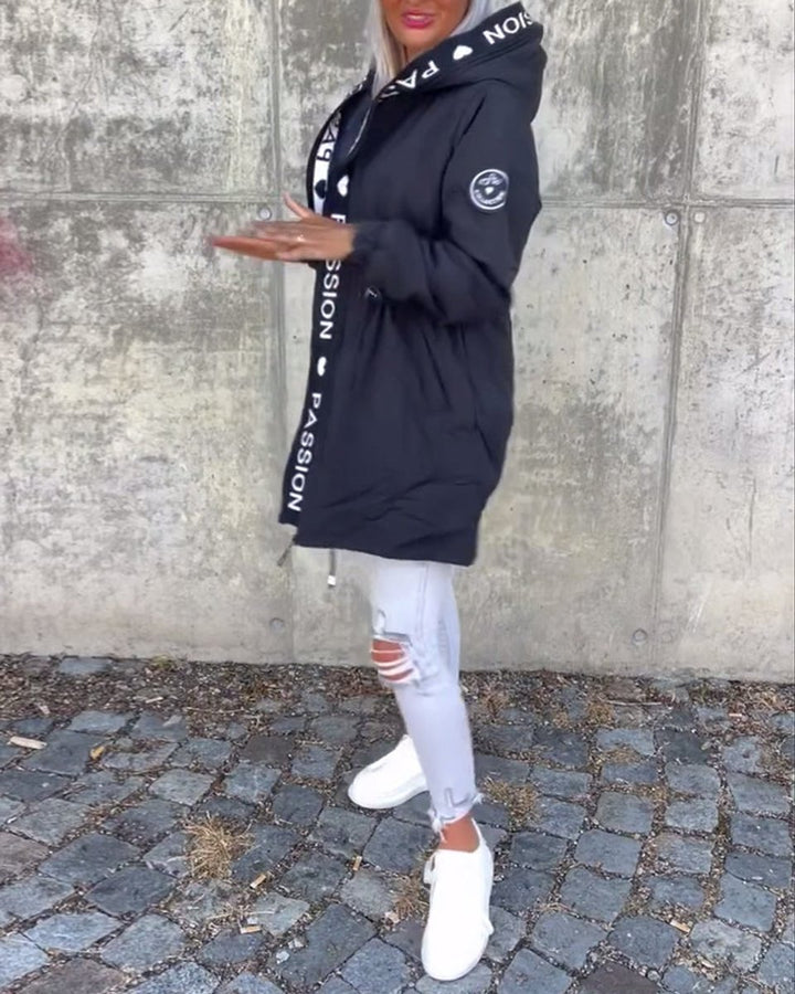 Women Coat Hooded Drawstring Relaxed-Fit Mid-Length Parka