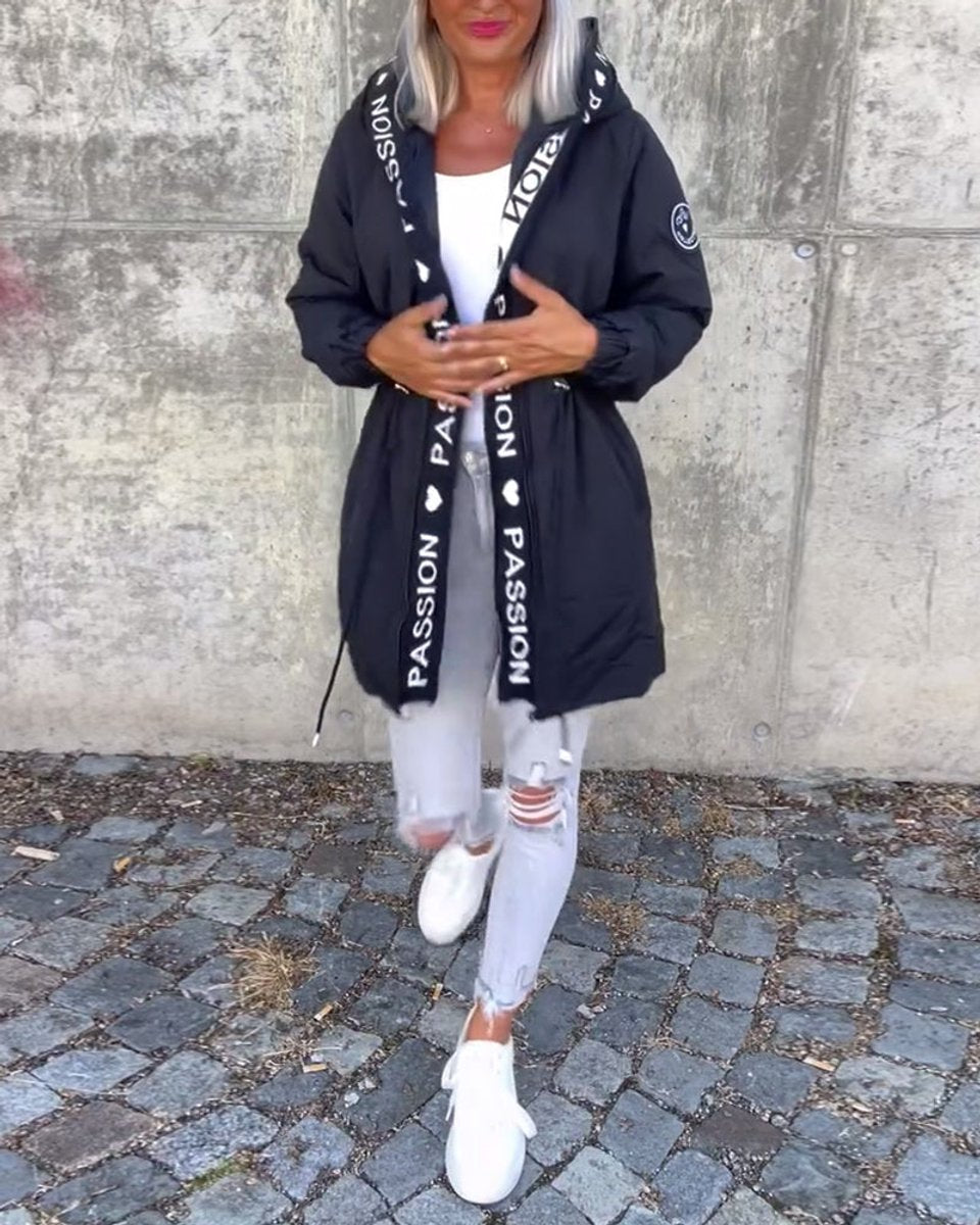 Women Coat Hooded Drawstring Relaxed-Fit Mid-Length Parka