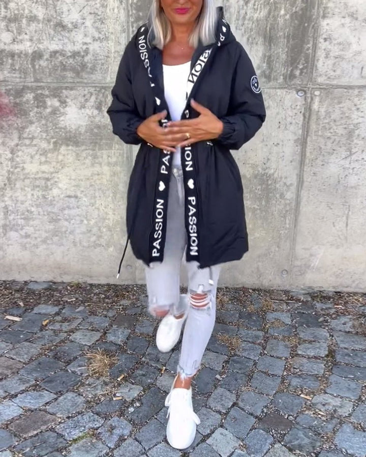 Women Coat Hooded Drawstring Relaxed-Fit Mid-Length Parka