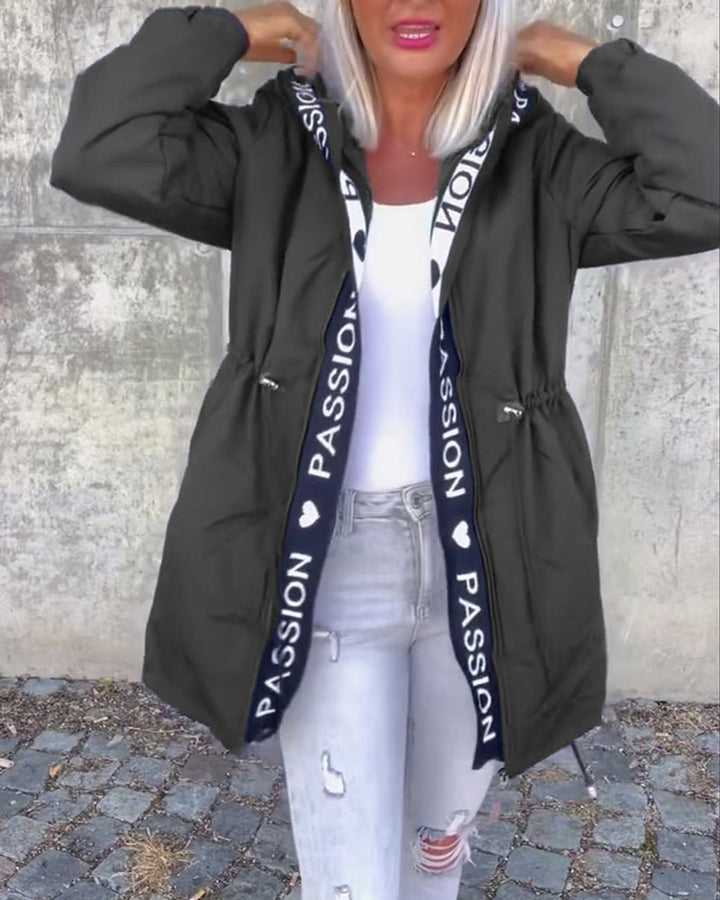 Women Coat Hooded Drawstring Relaxed-Fit Mid-Length Parka