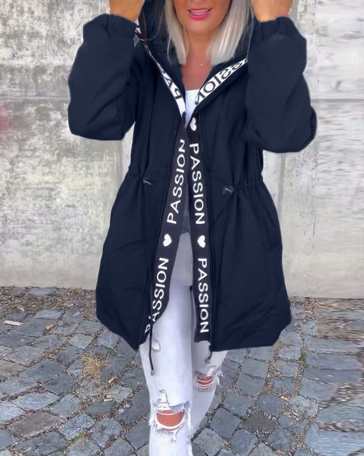 Women Coat Hooded Drawstring Relaxed-Fit Mid-Length Parka - Navy Blue
