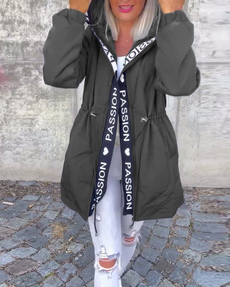 Women Coat Hooded Drawstring Relaxed-Fit Mid-Length Parka - Gray