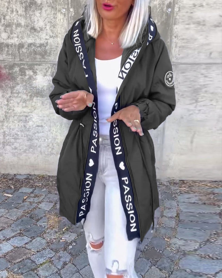 Women Coat Hooded Drawstring Relaxed-Fit Mid-Length Parka