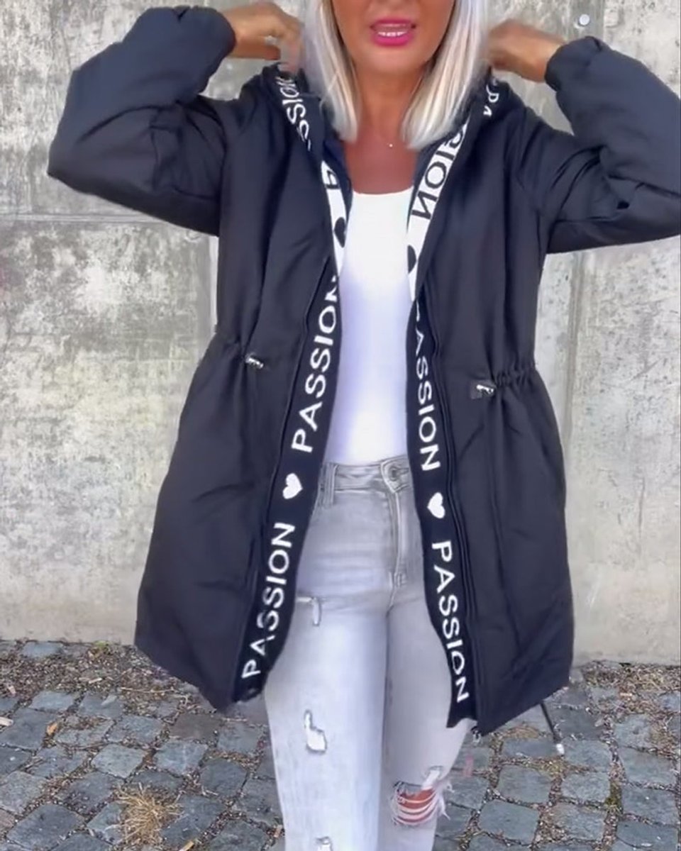 Women Coat Hooded Drawstring Relaxed-Fit Mid-Length Parka