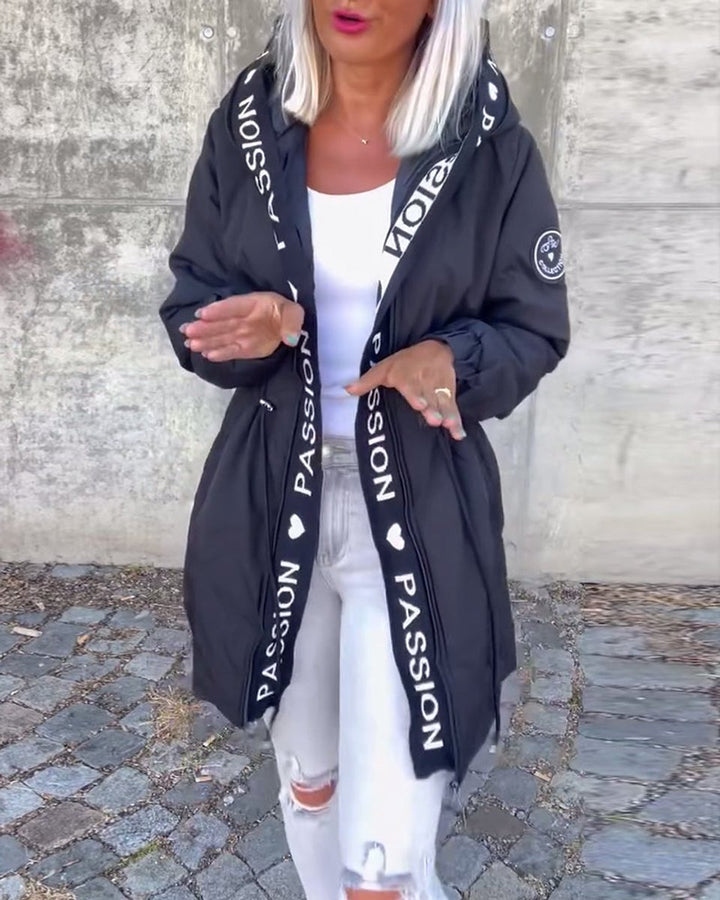 Women Coat Hooded Drawstring Relaxed-Fit Mid-Length Parka
