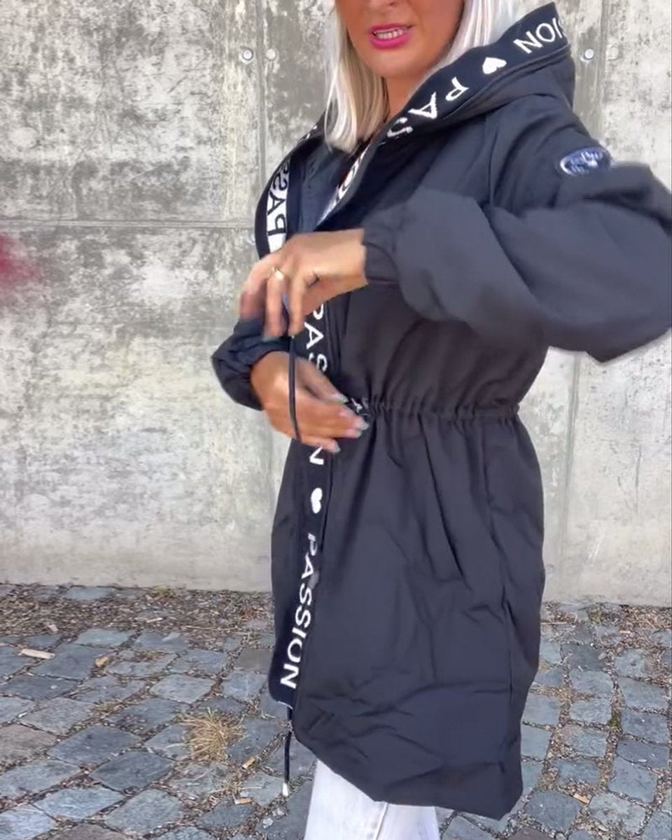Women Coat Hooded Drawstring Relaxed-Fit Mid-Length Parka