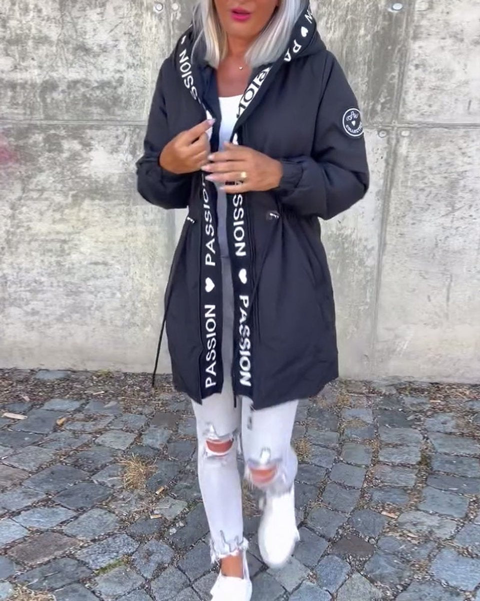 Women Coat Hooded Drawstring Relaxed-Fit Mid-Length Parka