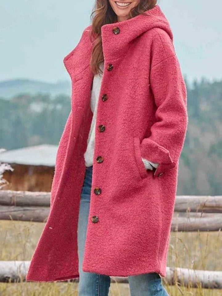 Women Coat Long Sleeve Hooded Fleece Button-Front Jacket - Pink