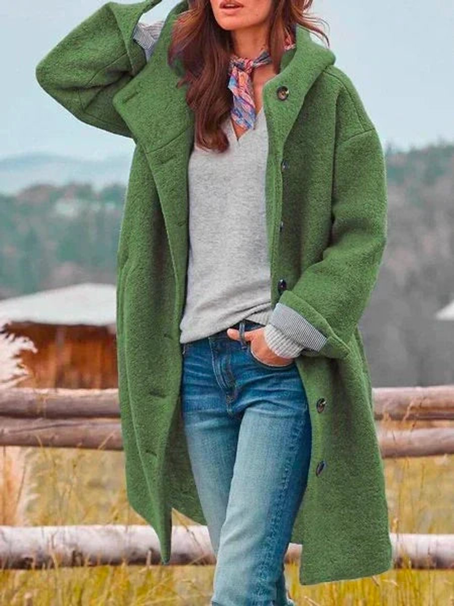 Women Coat Long Sleeve Hooded Fleece Button-Front Jacket - Dark Green