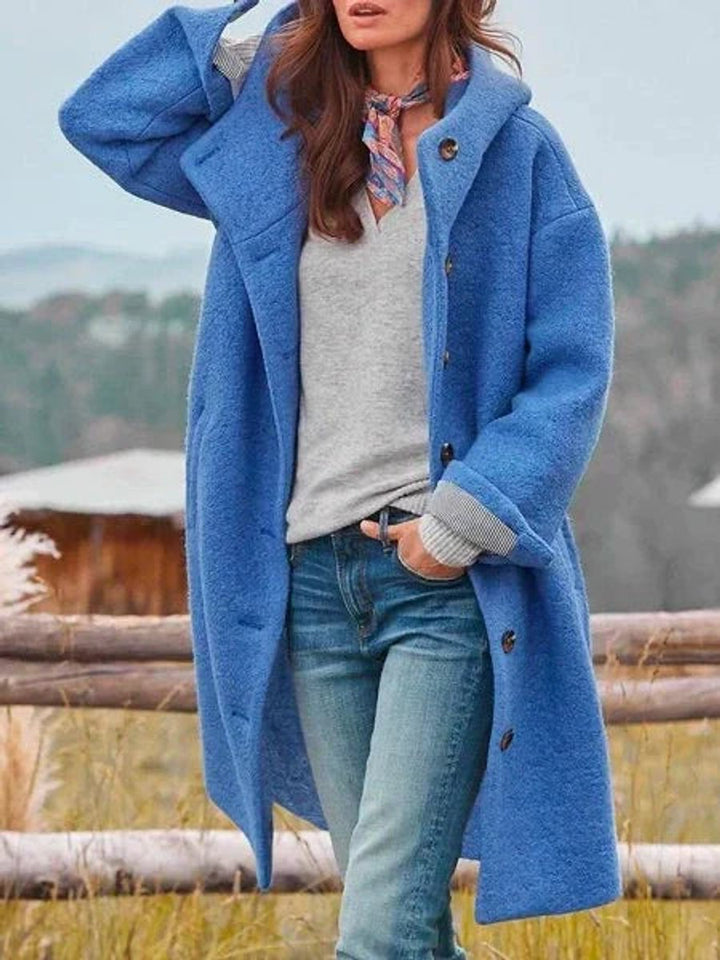 Women Coat Long Sleeve Hooded Fleece Button-Front Jacket - Blue