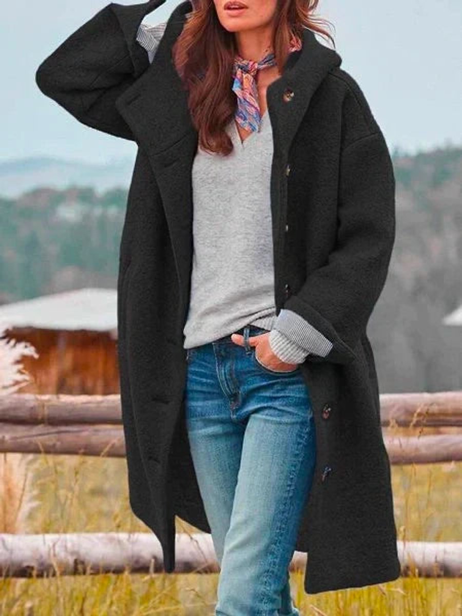 Women Coat Long Sleeve Hooded Fleece Button-Front Jacket - Black