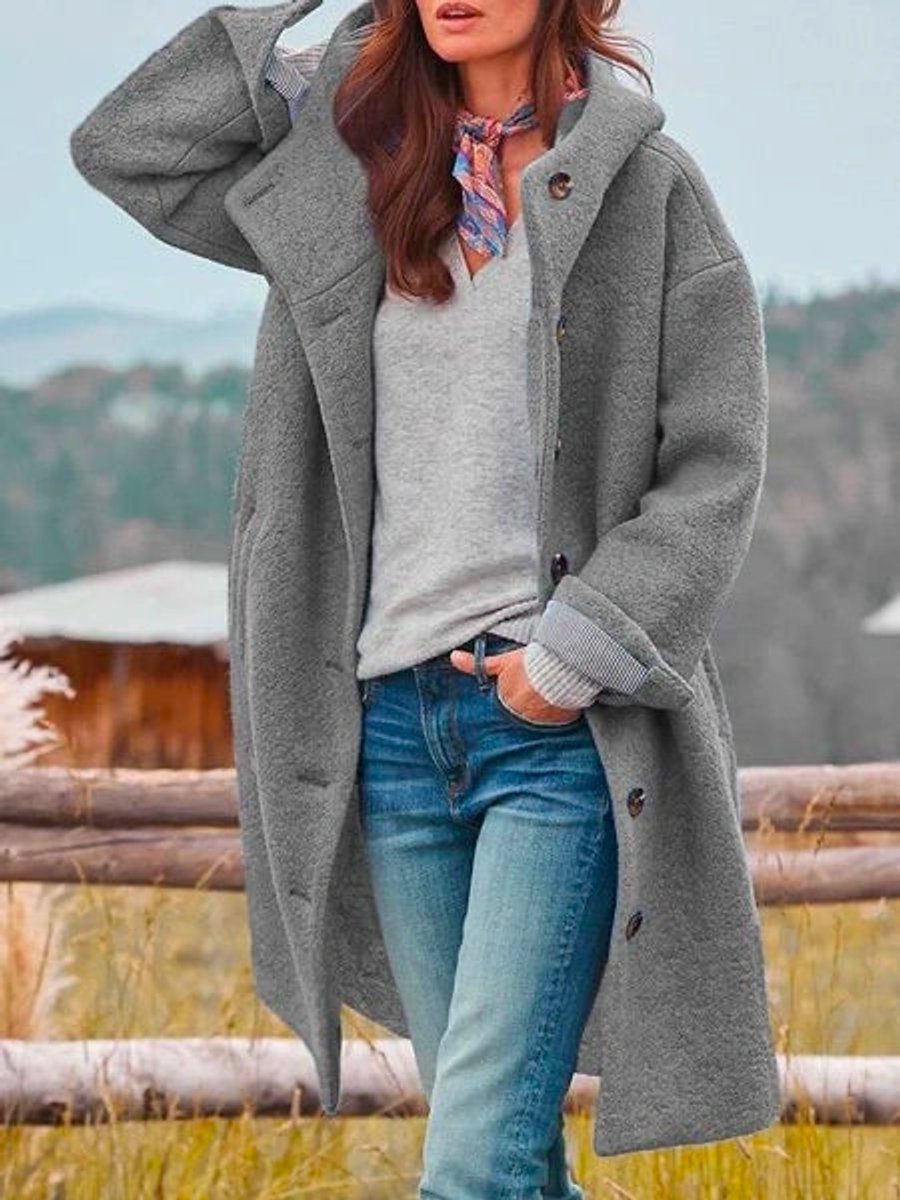 Women Coat Long Sleeve Hooded Fleece Button-Front Jacket - Gray