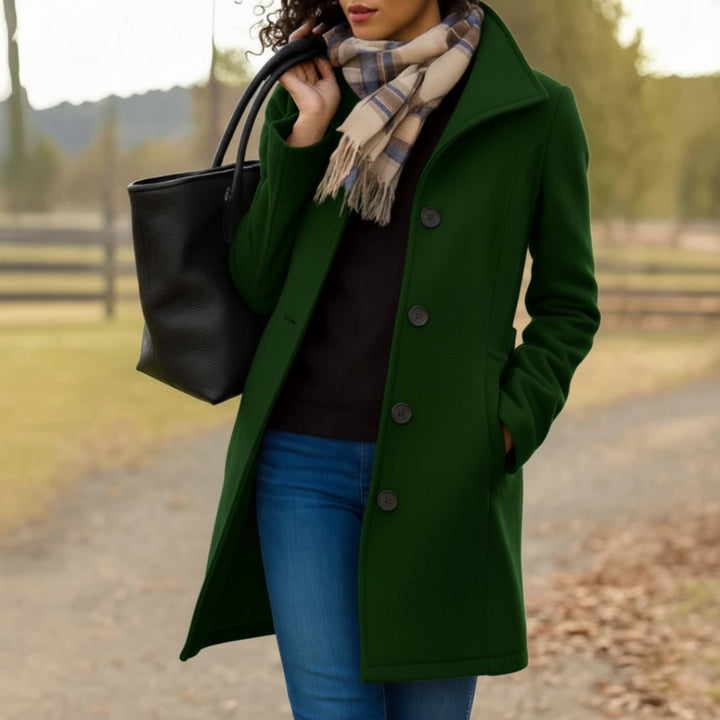 Women Coat Mid-Length Single-Breasted Button-Front Wool-Blend Overcoat - Dark Green