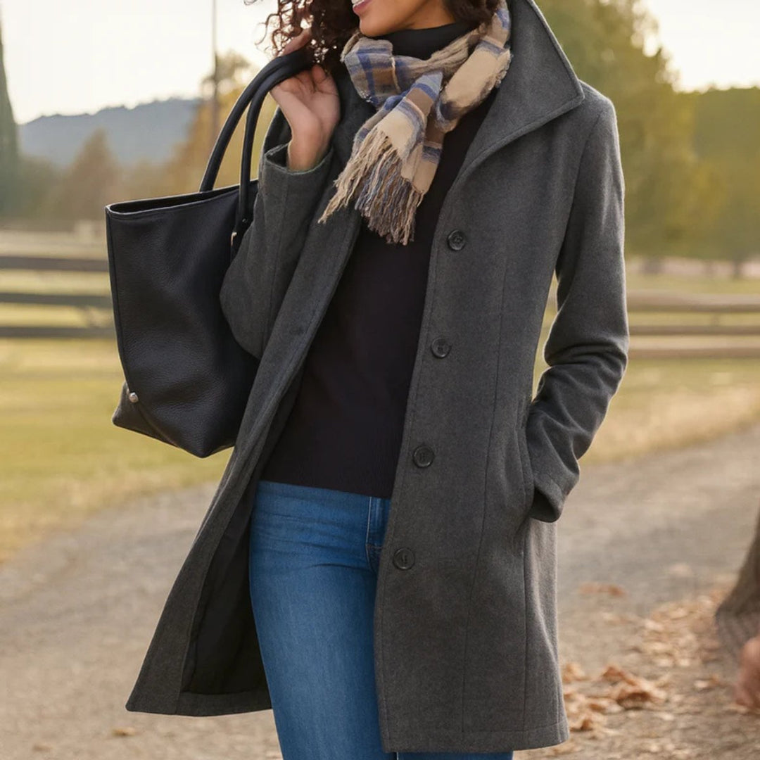 Women Coat Mid-Length Single-Breasted Button-Front Wool-Blend Overcoat - Gray
