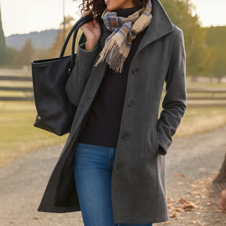 Women Coat Mid-Length Single-Breasted Button-Front Wool-Blend Overcoat - Gray