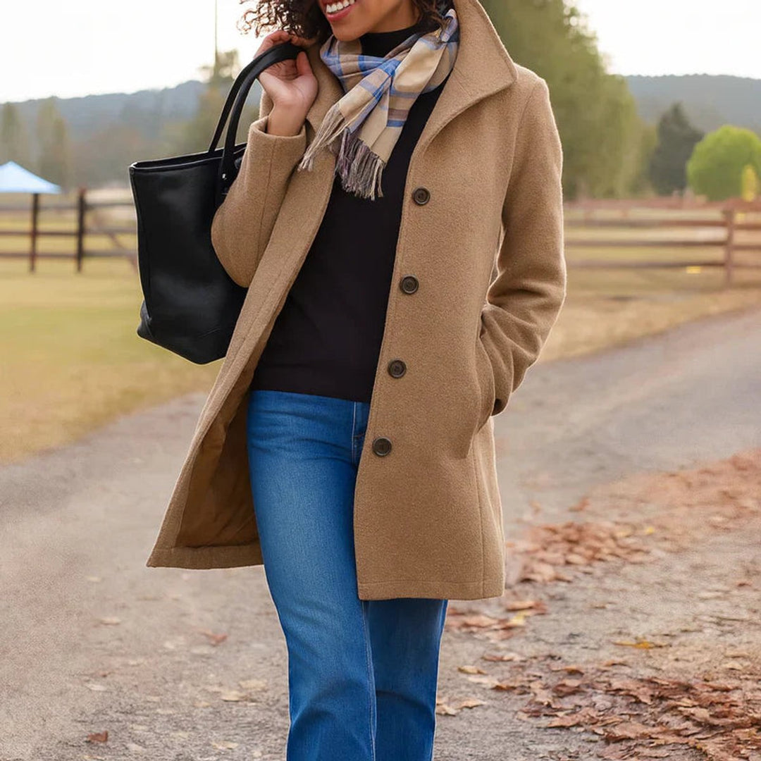 Women Coat Mid-Length Single-Breasted Button-Front Wool-Blend Overcoat - Khaki