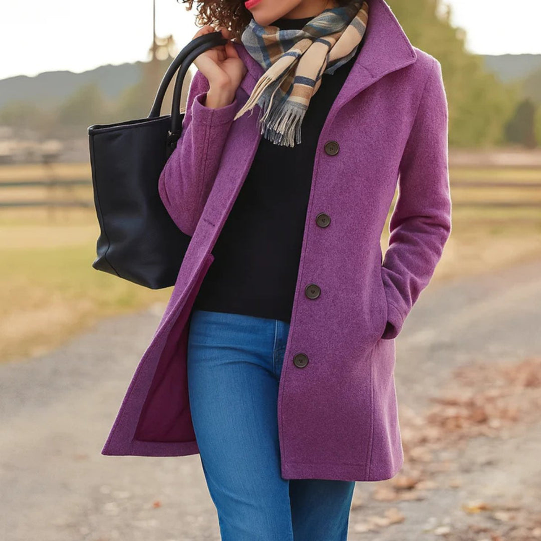 Women Coat Mid-Length Single-Breasted Button-Front Wool-Blend Overcoat - Purple