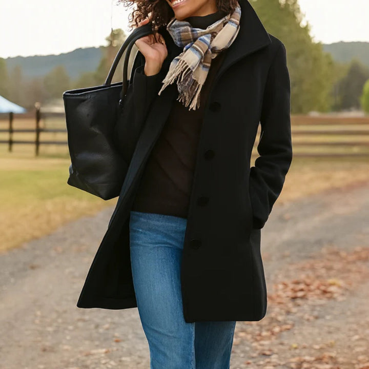Women Coat Mid-Length Single-Breasted Button-Front Wool-Blend Overcoat - Black