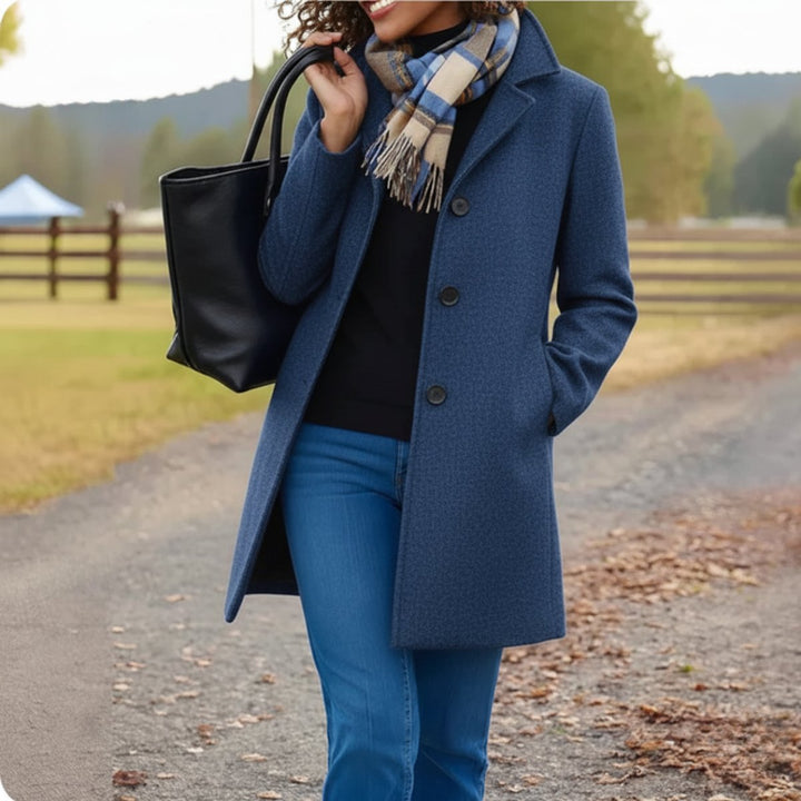Women Coat Mid-Length Single-Breasted Button-Front Wool-Blend Overcoat - Blue