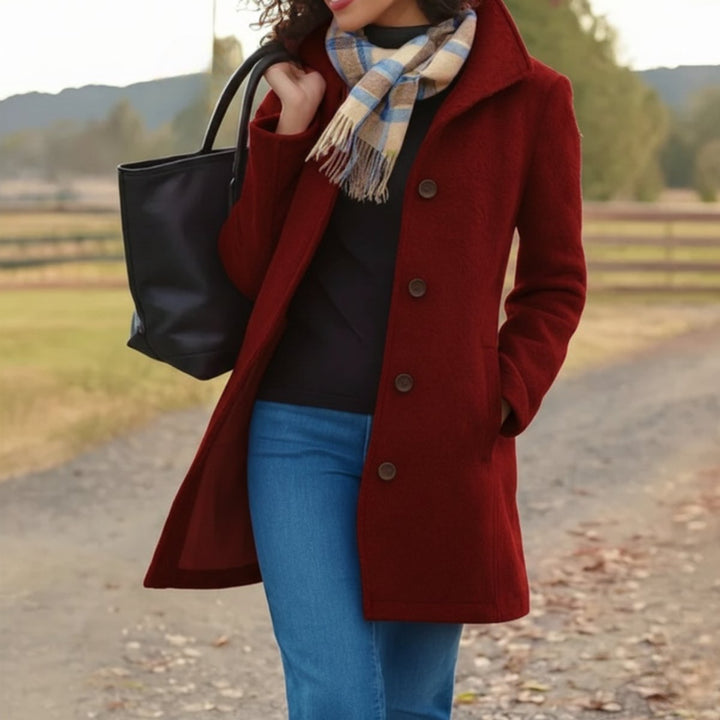 Women Coat Mid-Length Single-Breasted Button-Front Wool-Blend Overcoat - Red
