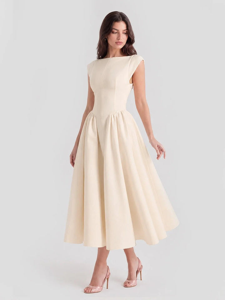 Women's 1950s-Inspired Bateau Neck Full Skirt Satin Midi Dress - Beige
