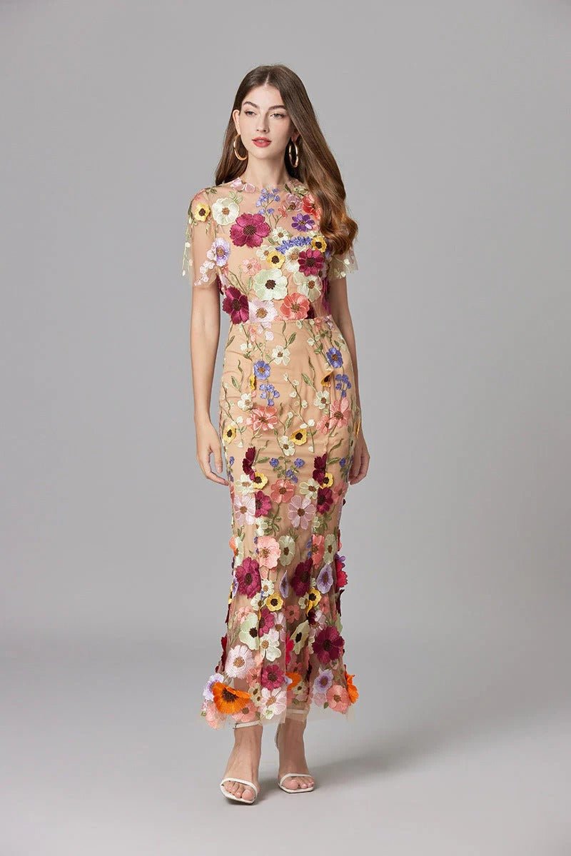 Women's 3D Floral Appliqué Sheer Mesh Sleeveless Column Maxi Dress